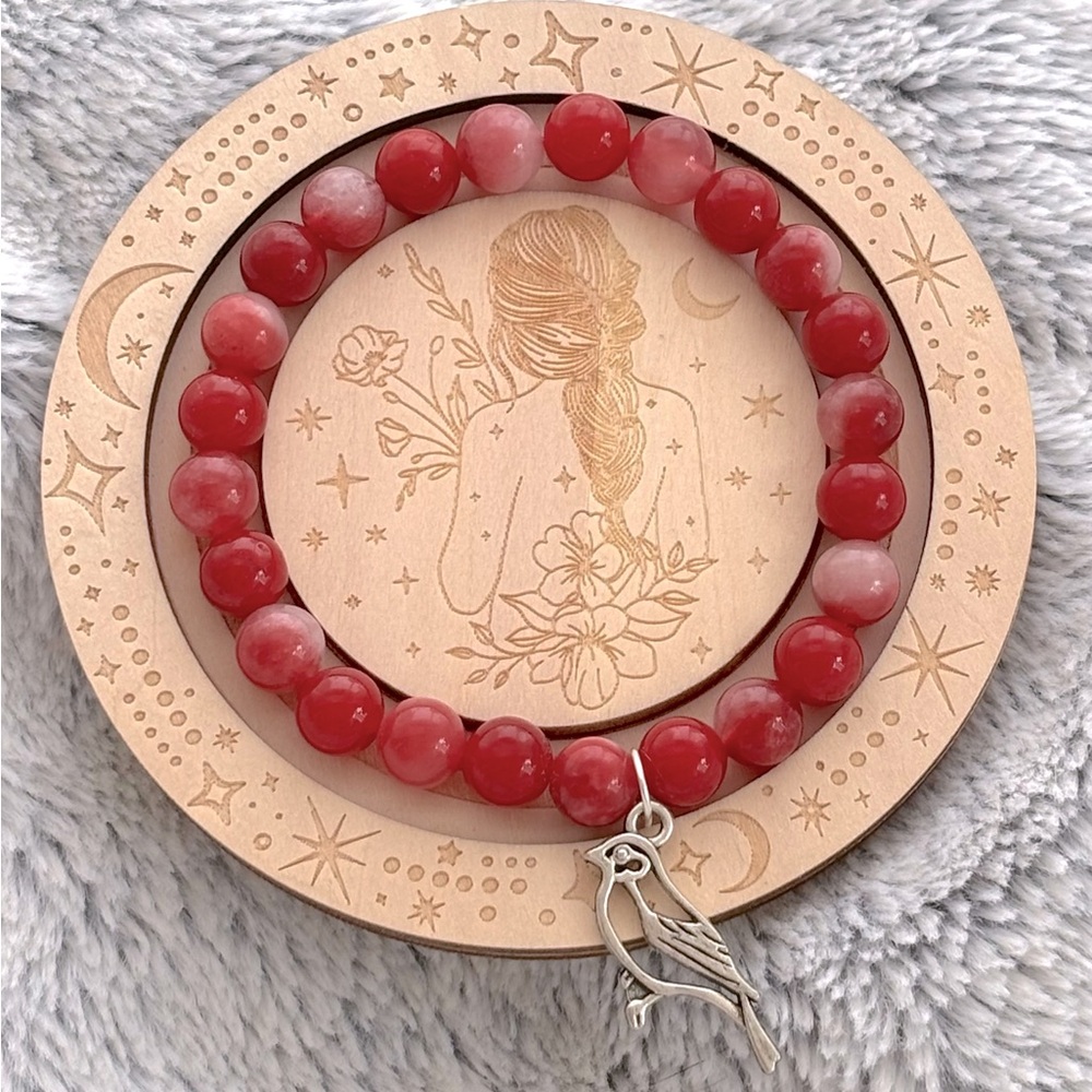 Red Jade Cardinal Beaded Bracelet